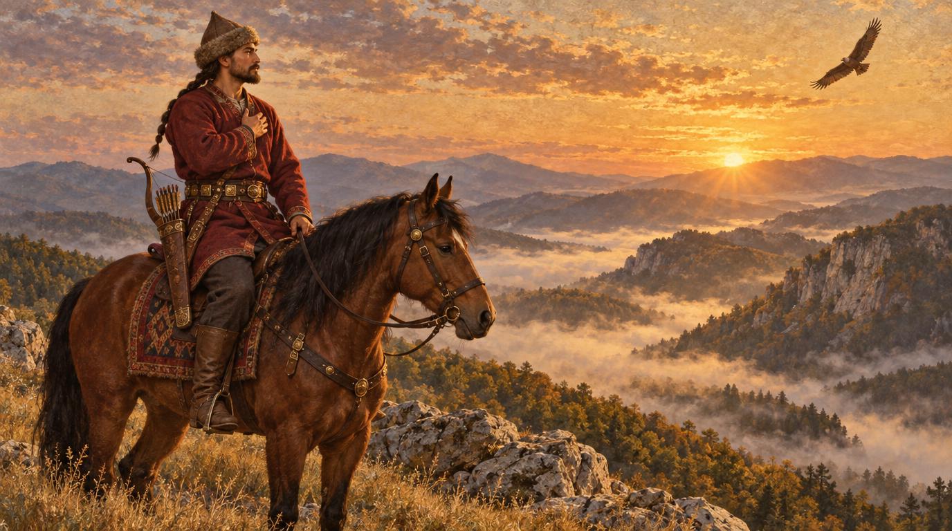 Прабългарски конник на изгрев над Балкана