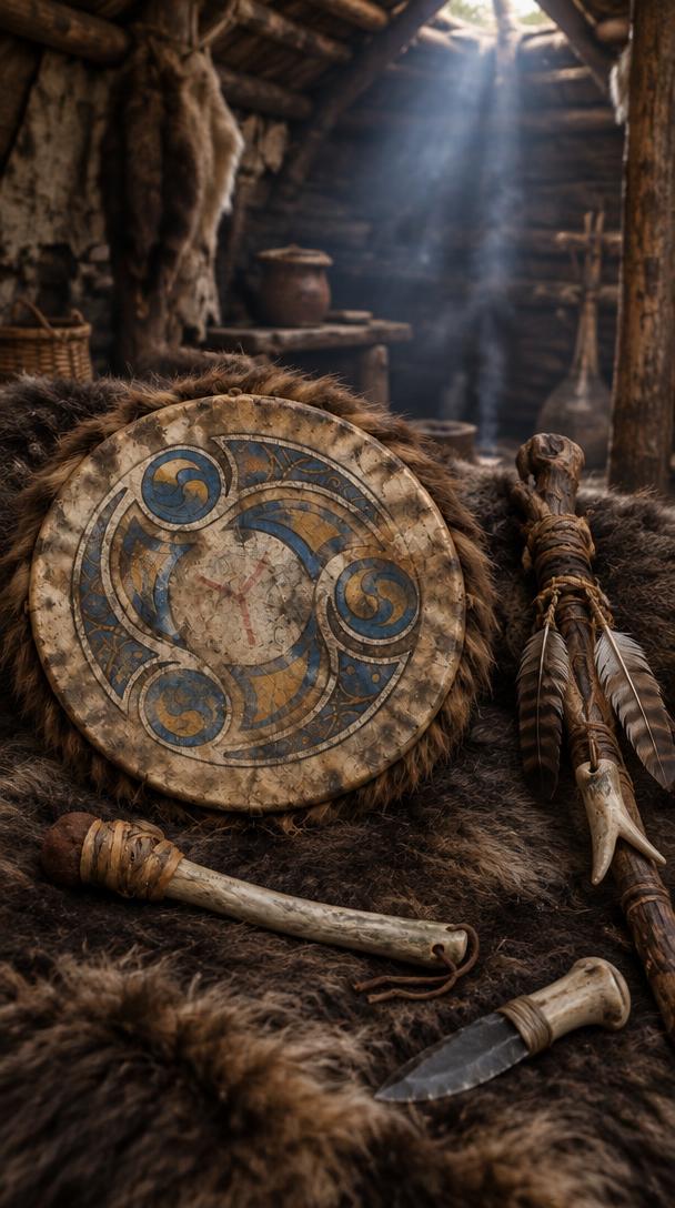 Личният тъпан, жезълът и кремъчният нож – най-скъпите вещи на шамана Тайгун (по преданието „Мечът на сътворението“).