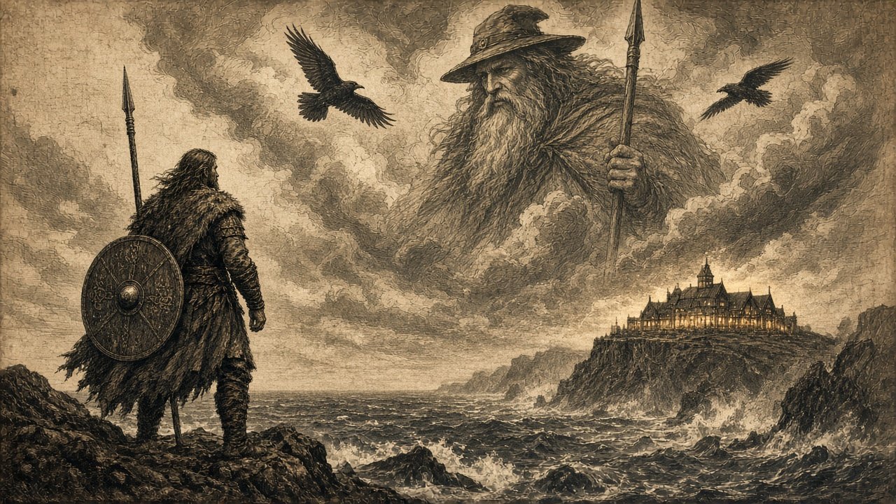 Северен воин с копие, над него Один и гарваните
