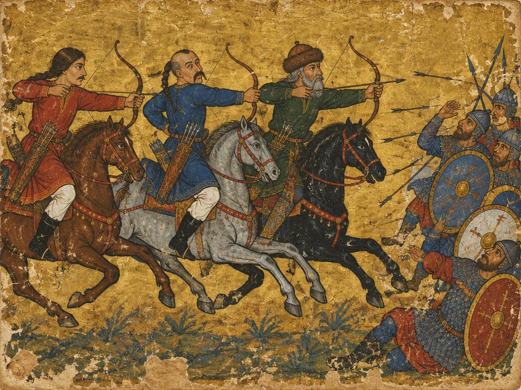 Конни стрелци при битка (художествена стилизация в стила на средновековна ръкописна миниатюра)