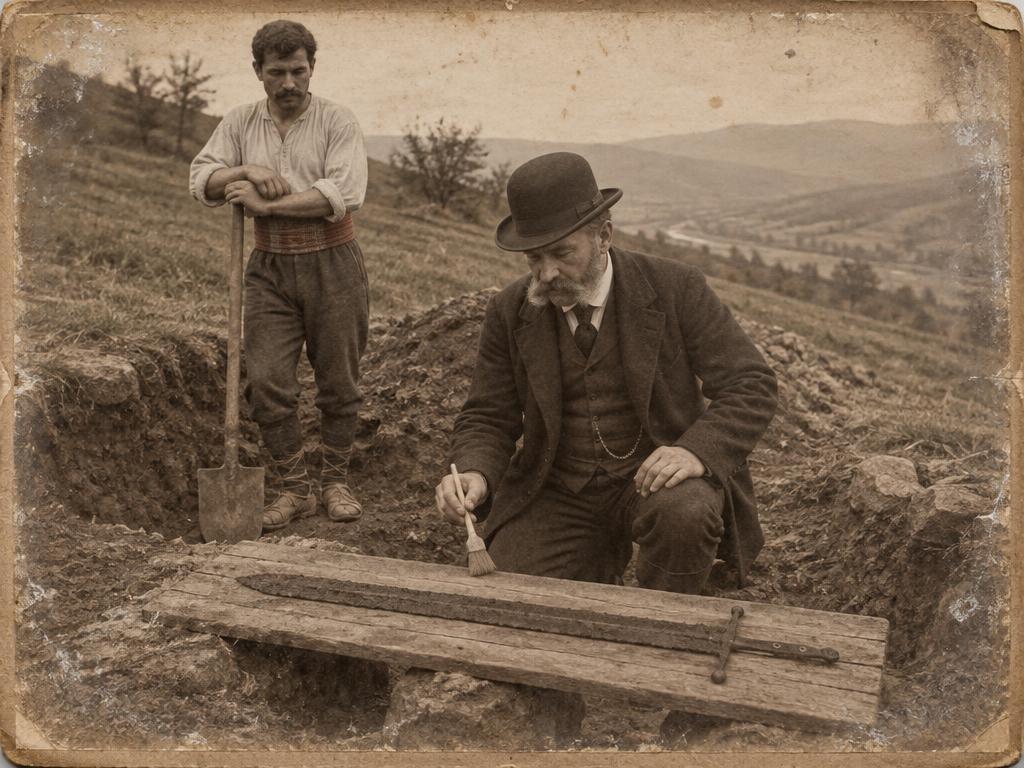 Находка на едноостър меч при разкопки – стилизация като стара фотография от XIX в. (художествена стилизация)