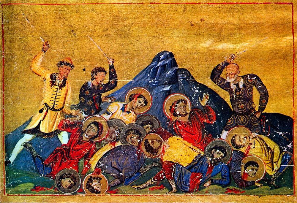 Български воини посичат византийски пленници – миниатюра от Менология на Василий II (ок. 985 г., Ватиканска апостолическа библиотека, Vat. gr. 1613). Византийски образ, по-късен от езическата епоха.