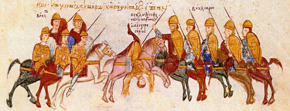 Българска засада и гибелта на византийския военачалник Григорий Таронит – миниатюра от Мадридския ръкопис на Йоан Скилица (XII в.; Национална библиотека, Мадрид). По-късен византийски образ, не съвременен на езическата епоха.