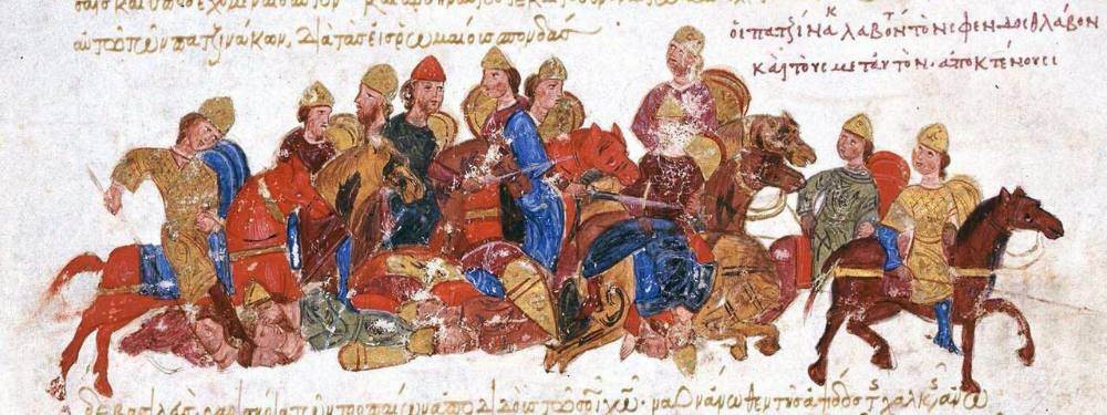 Печенегите избиват воините на княз Светослав при завръщането им от България – миниатюра от Мадридския ръкопис на Хрониката на Йоан Скилица, fol. 173r, детайл (Национална библиотека на Испания, Мадрид).