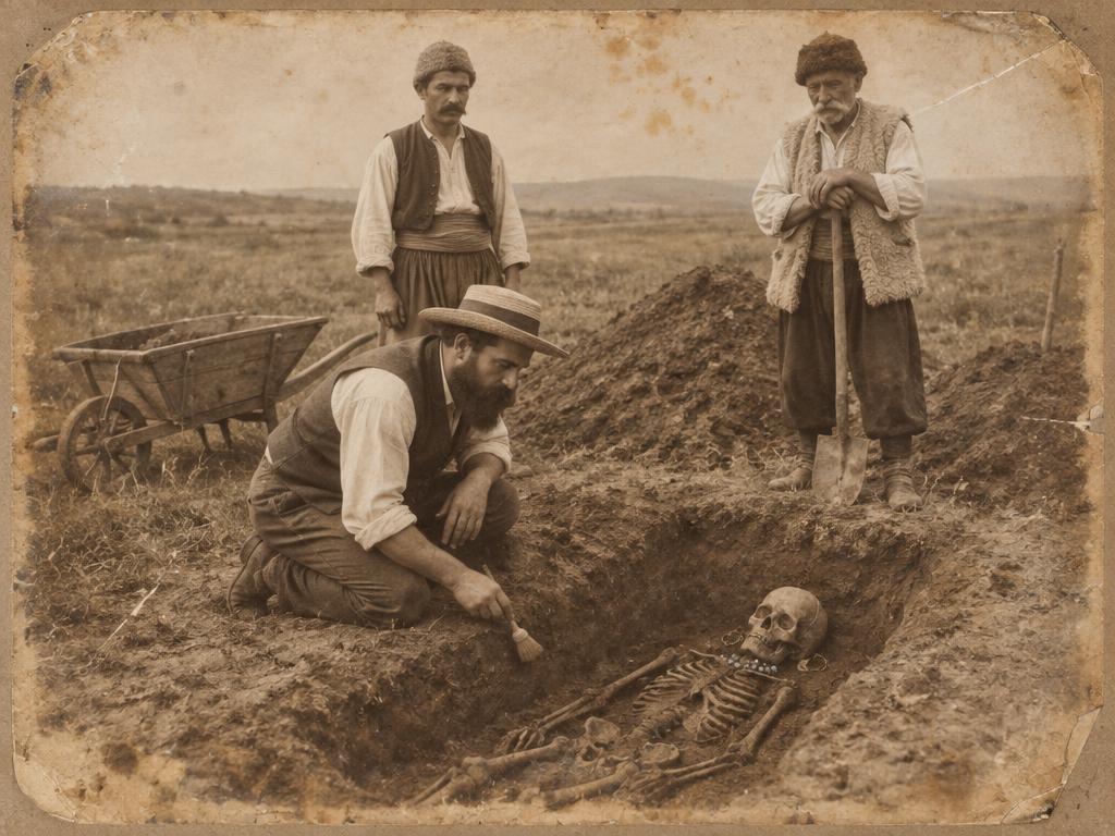 Обр. Разкопки на езически некропол – стара сепия фотография от XIX в. (художествена стилизация)