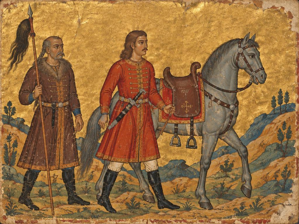 Обр. Знатен конник и неговият кон – миниатюра в стила на средновековен ръкопис (художествена стилизация)