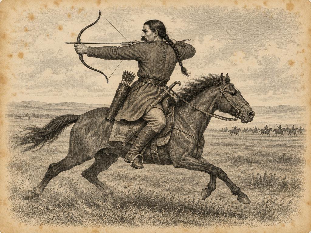 Конник-стрелец, стрелящ назад от галопиращ кон – в стила на гравюра от XIX в. (художествена стилизация)