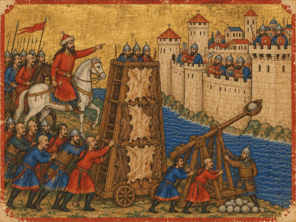 Обсадата на Месемврия, 812 г. – в стила на миниатюра от средновековен ръкопис (художествена стилизация)